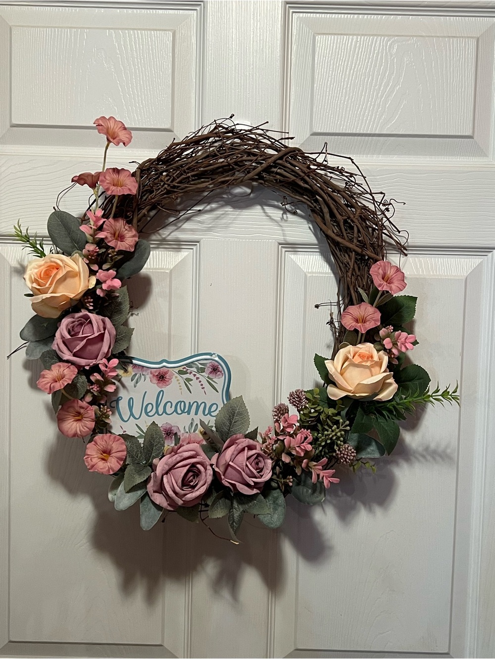 Welcome Pink and Peach Floral Grapevine Wreath - Home Accents